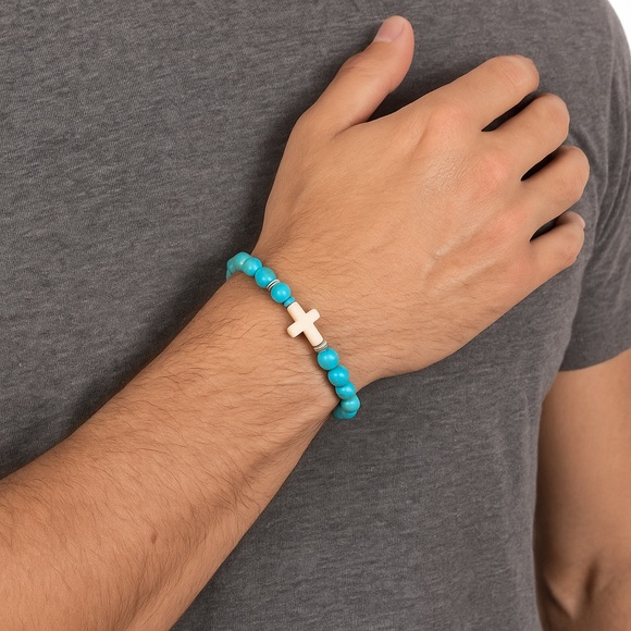 Turquoise Beaded Cross Bracelet – Stretch Elastic Stackable Unisex Jewelry - Picture 3 of 5
